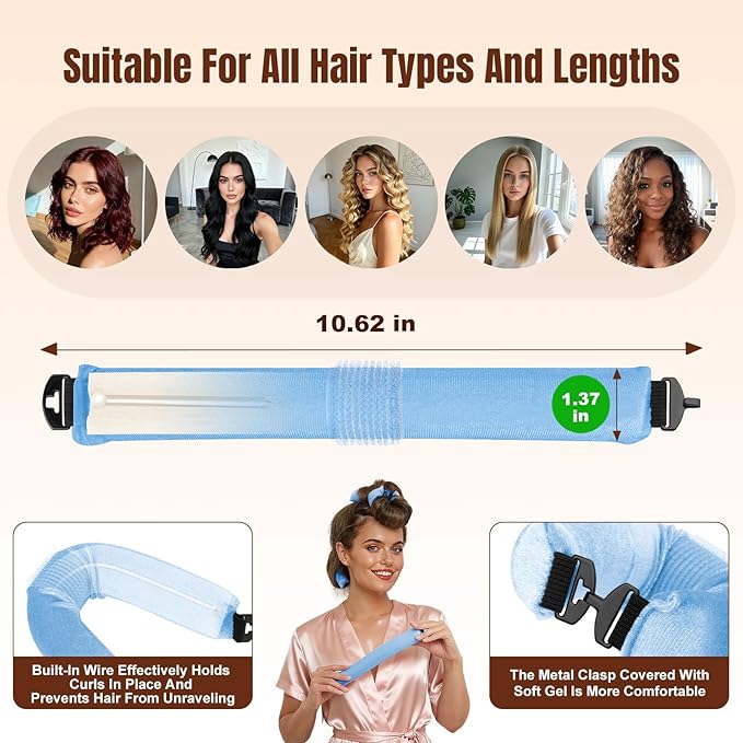 Overnight Heatless Hair Curler, Upgraded with Hair Pad Grippers Satin Jumbo Flexi Blowout Curls Rods, 3pcs No-Heat Styling Tools Curling Rod to Sleep in for All Hair Types - Blue