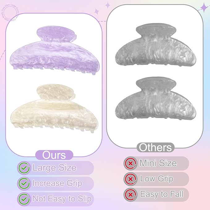4.2 Inch Large Acrylic Claw Clips, Cute Green Beige Pink Purple Hair Claw Strong Hold Hair Clips Barrettes for Thick Thin Hair, 4 Pack Stylish French Hair Accessories for Women Girls