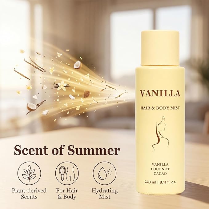 Vanilla Hair and Body Mist, Lightweight Tropical Vanilla Scent, with Vanilla, Coconut, Cacao, Natural & Ocean Scent, Hydrating Mist for Skin & Hair, Long-Lasting Fragrance