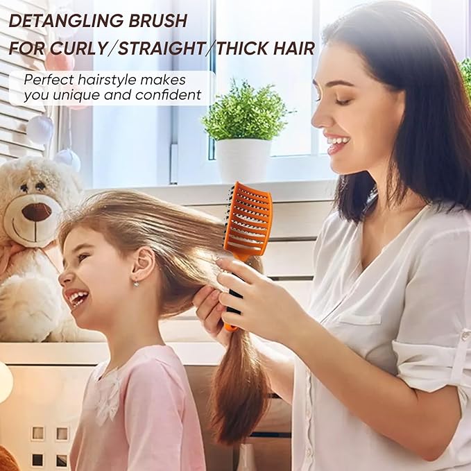 Boar Bristle Hair Brush 2PCS, Curved Vented Detangling Brush for Wet and Dry Hair, Styling Paddle Hairbrush for Women Men Kids Curly Straight Thick Long or Short Hair