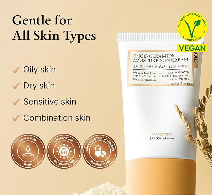 FULLY Rice Ceramide Moisture Sunscreen with PDRN, SPF 50 Broad Spectrum, Korean Sunscreen, For All Skin Types, No White Cast, Lightweight, Hydrating, Vegan, Korean Skin Care, 1.69 fl. oz.