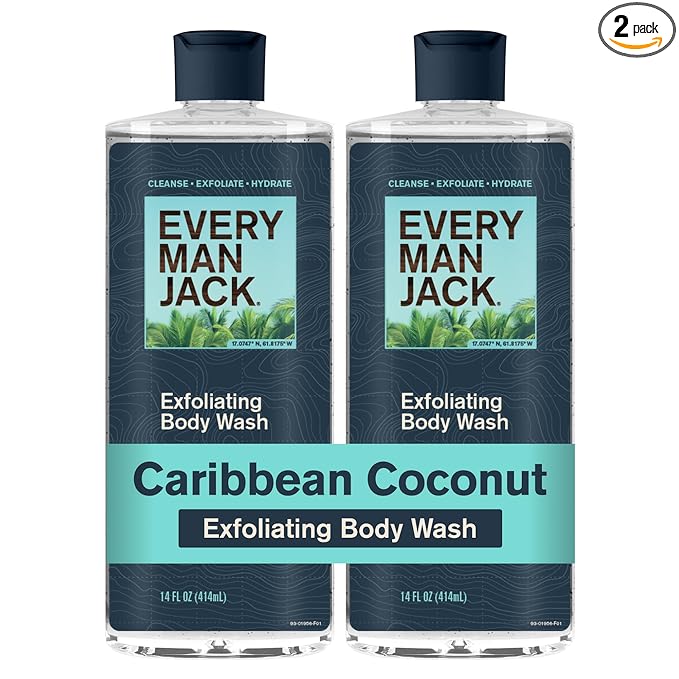 Every Man Jack Exfoliating Men's Body Wash for All Skin Types - Caribbean Coconut - Made with Natural Exfoliants - 14 fl oz (2 Pack)