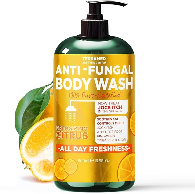Antifungal Body Wash with Tea Tree Oil & Lemon Oil | 1% Tolnaftate Soap Helps Fight Ringworm, Jock Itch & Athlete’s Foot | Itch & Odor Relief | Medicated Citrus Body Wash for Men & Women | 16.9 oz