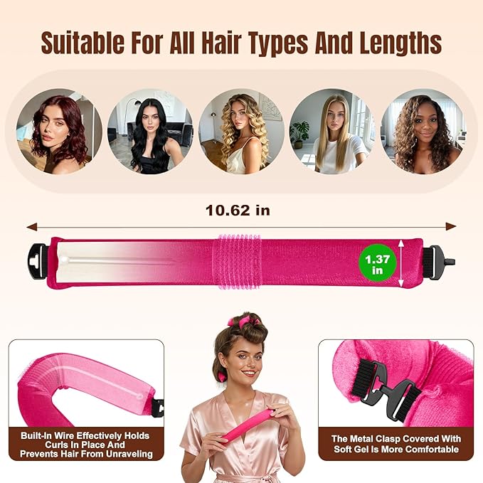 Overnight Heatless Hair Curler, Upgraded with Hair Pad Grippers Satin Jumbo Flexi Blowout Curls Rods, 3pcs No-Heat Styling Tools Curling Rod to Sleep in for All Hair Types - Rose Red