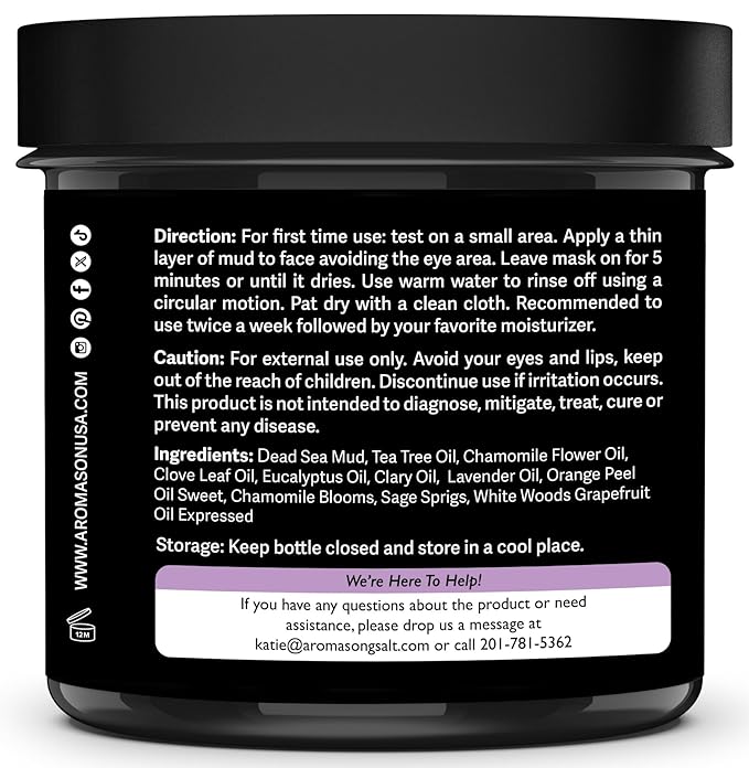 Aromasong Dead Sea Mud Mask with Lavender Essential Oil – 100% Natural Mineral Mud for Face & Body – Pore Minimizer, Acne & Blackhead Remover, Anti-Aging, Firming & Detoxifying Clay Mask