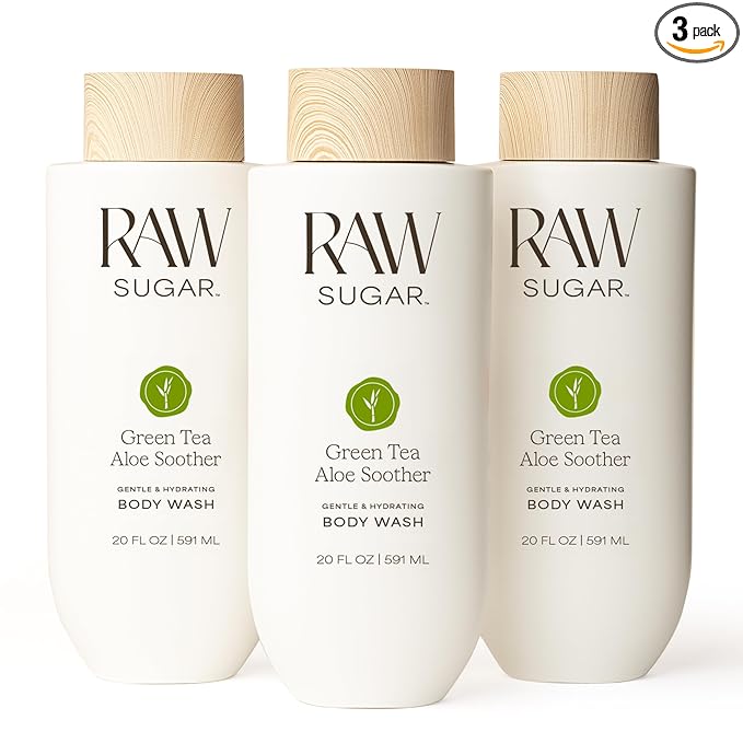 RAW SUGAR Green Tea Aloe Soother Gentle & Hydrating Body Wash, 20 Fl Oz (Pack of 3), Gentle & Soothing Bath & Shower Gel, Sensitive Skin-Friendly, Vegan, Formulated without SLS/SLES & Parabens