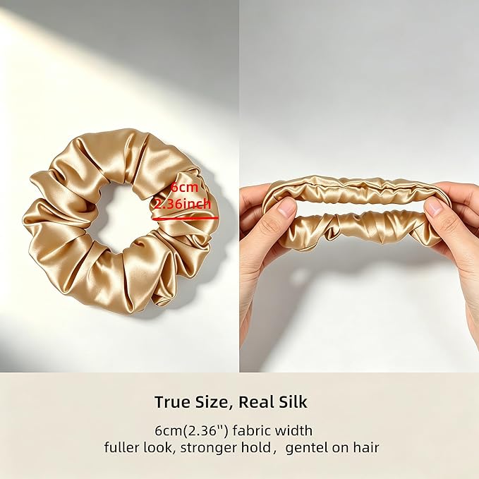 ZLYC 100% Mulberry Silk Hair Tie Scrunchie 19 Momme Gentle Creaseless Dent-Free Ponytail Holder for Women, 6cm Solid Champagne Gold