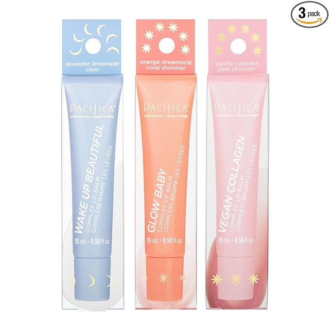 Pacifica Hydrating Lip Balm Gift Set – Flavored Lip Balm Glow Baby Tangerine, Wake Up Beautiful Lavender Lemon & Vegan Collagen Vanilla Trio, 3-Pack