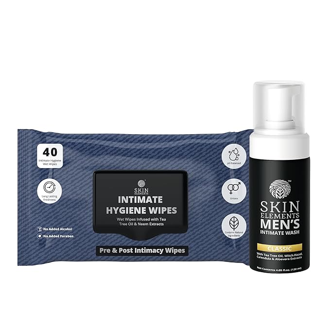 Skin Elements Intimate Hygiene Combo| Intimate Wash Men 120 ml+Intimate Wipes 30 Individual Sachets With Tea Tree & Neem Extracts - pH Balanced Foaming Wash Prevents Irritation & Bad Odor