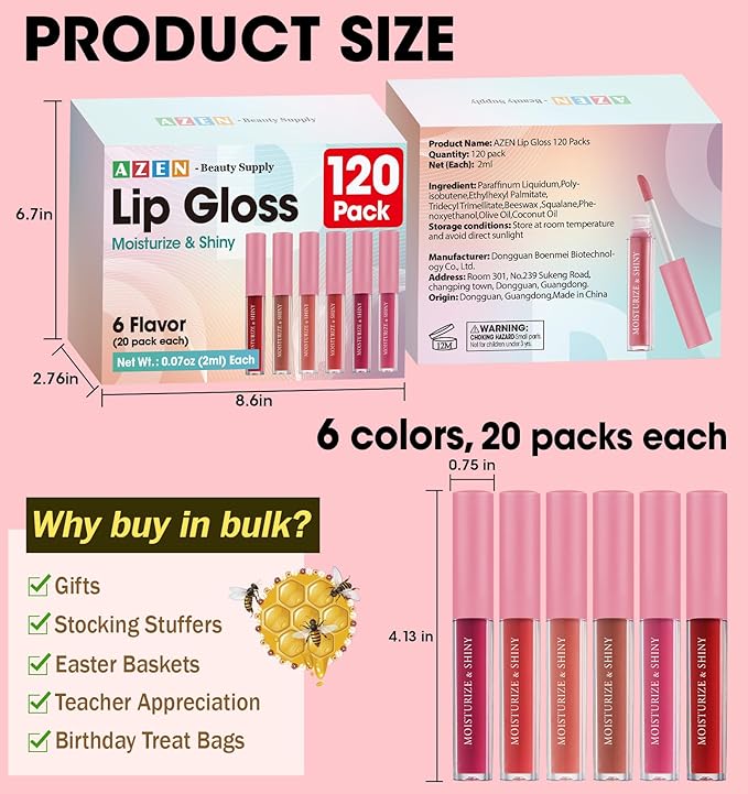 AZEN 120 Pack Lip Gloss Bulk Set, Shimmery Lip Gloss for Women and Girls With Rich Varied Colors, Mothers Day Gifts for Women