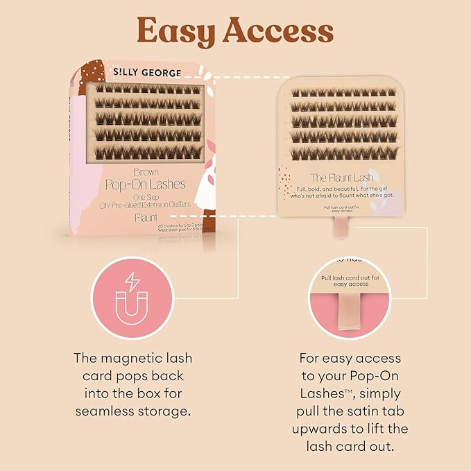 Silly George Pop-On Lashes - DIY 1-Step Pre-Glued Faux Eyelash Clusters, Natural Look Extensions, Light Brown - Flaunt, 5-7 Pair Set, Pack of 60 Clusters