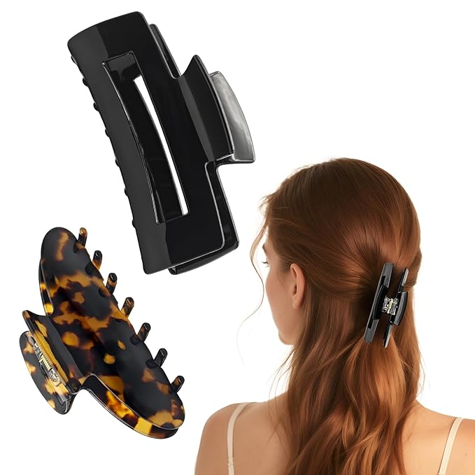 YIERSO Large Hair Claws Clips, Hair Clips for Women, Acetate Claw Clips Hold Non-Slip, 4.33“Jaw Clip Big Barrettes Stylish Hair Accessories for Thick/Nomal/Thin Curly Hair, 2Pack (Tortoise Black)