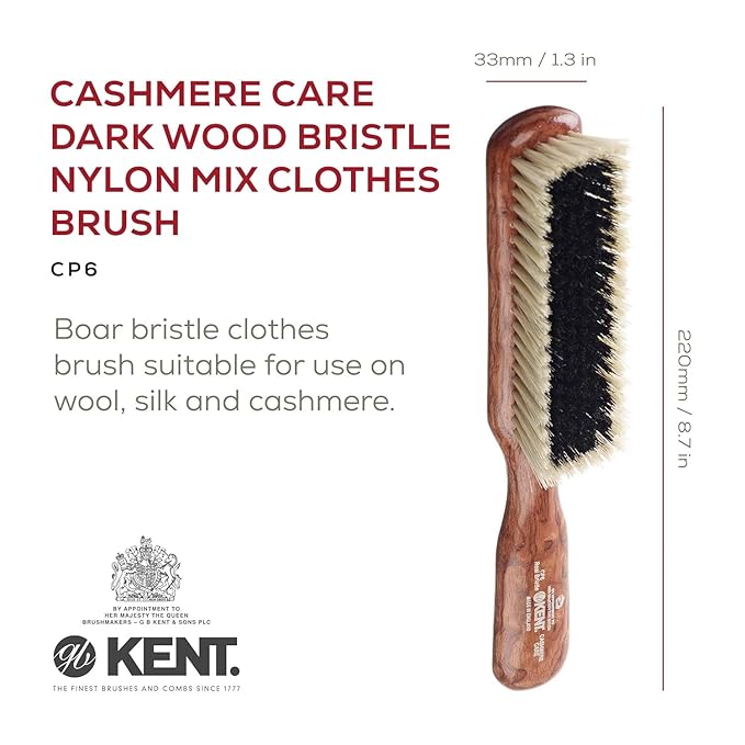 Kent CP6 Clothes Brush. Cashmere Care Dark Wood with Black & White Boar Bristle, Lint Remover for Wool and Silk for Keeping Delicate Fabrics Free from Fibres, Fluff and Pet Hair. Made in England