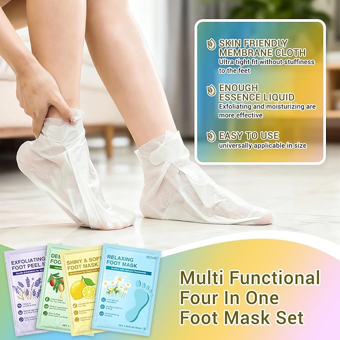 8 Pack Moisturizing Foot Mask,Hydrating Foot Masks for Dry Cracked Feet,Soothing Dry Skin Moisturizer Socks for Baby Soft Feet,Teacher Appreciation Gifts,Foot Care Spa Gifts for Women Men(4 Styles)