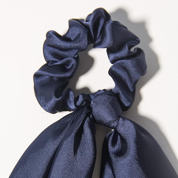 Pack of 2 Knotted Bow Hair Scrunchies Elastic Hair Scarf Black Hair Ties Bands Satin Hair Ribbon Scrunchy Red Ponytail Holder for Women and Girls (Navy blue)