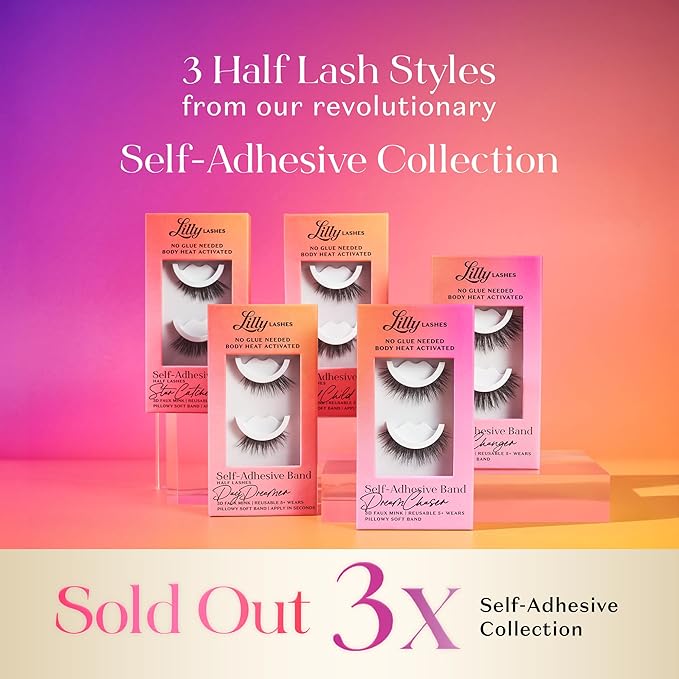 Lilly Lashes Self Adhesive Eyelashes (Half Lashes), No Lash Glue Needed, Body Heat Activated Press on Lashes, Reusable Self Adhesive Eyelashes Up to 5x, Easy to Apply & Remove (WildChild)
