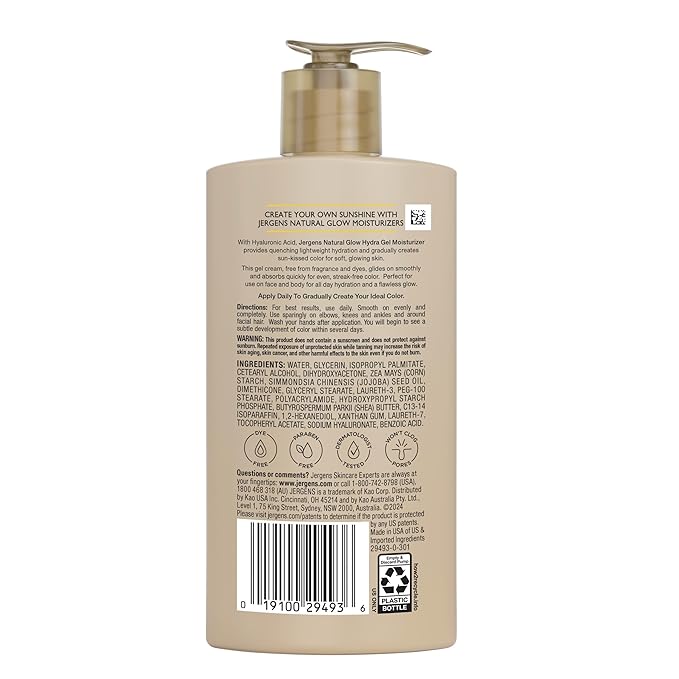 Jergens Natural Glow Hydra Gel Moisturizer, Gradual Tanning Lotion with Hyaluronic Acid, Hydrating Tanning Gel, Fragrance-Free Self Tanner, Fair to Medium Skin Tone, 8.3 Fl Oz