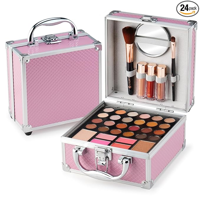 Color Nymph Beginner Makeup Kit For Teens With The Small Cosmetic Train Case Included 24-Colors Eyeshadow Palette Blushes Bronzer Highlighter Lipstick Brushes Mirror(Pink)