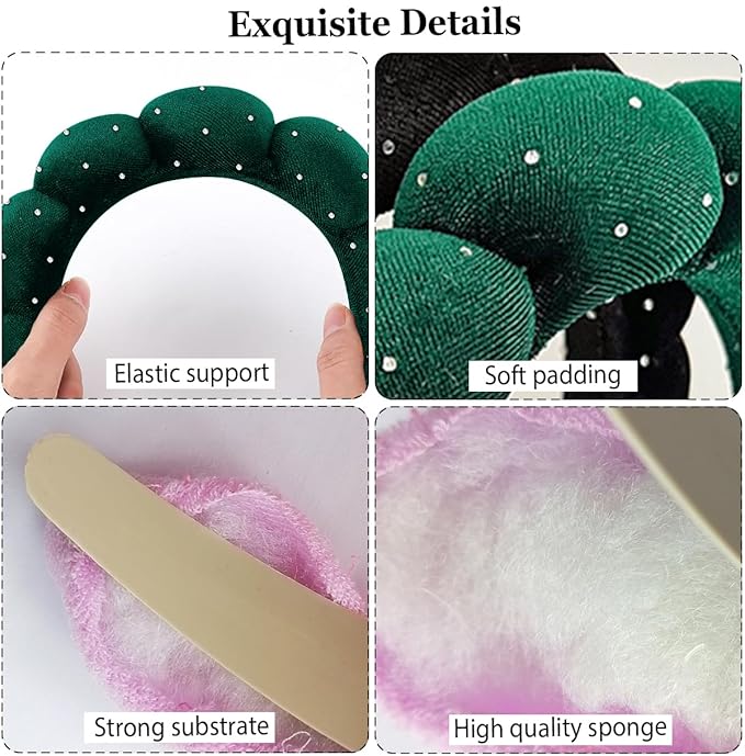 Spa Headbands Puffy Makeup Skincare Headbands for Washing Face or Facial, Terry Cloth Fabric Hairbands for Makeup Removal Shower Skin Treatment(Dark Green, Rhinestone)