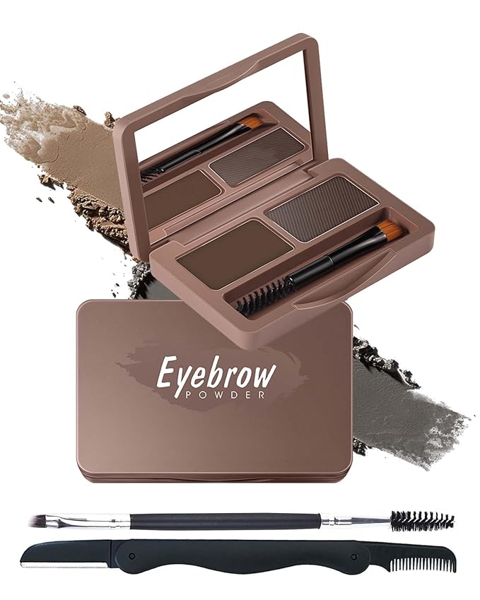 Eyebrow Powder Kit-2 Colors Soft Eye Brow Tinted Powder Palette, Waterproof & Long Lasting Natural Gray Brown Brow, Professional Eyebrow Contour Makeup Set for Women with Mirror Brow Brush & Razor-2#