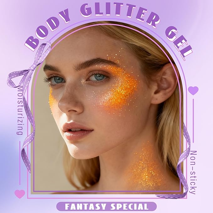 HOSAILY Roll-on Orange Body Glitter Gel for Face Hair, Holographic Chameleon Color Changing Face Paint Glitter Autumn Makeup, Chunky Mermaid Sequins Festival Party Rave Accessories Shimmer Makeup