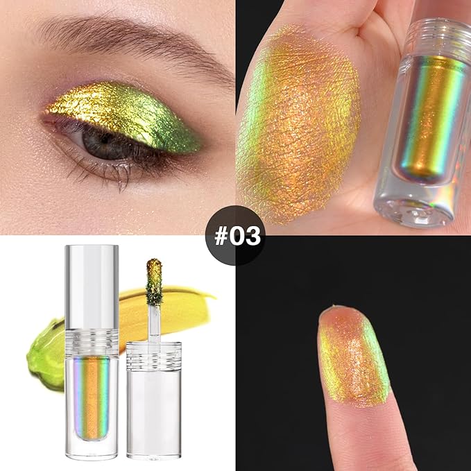 Multichrome Glitter Liquid Eyeshadow, Chameleon Shifting Color, Holographic Metallic Eyeshadow, Long-Lasting Wear, Vegan Eye Topper for Party, Daily Makeup (#03)