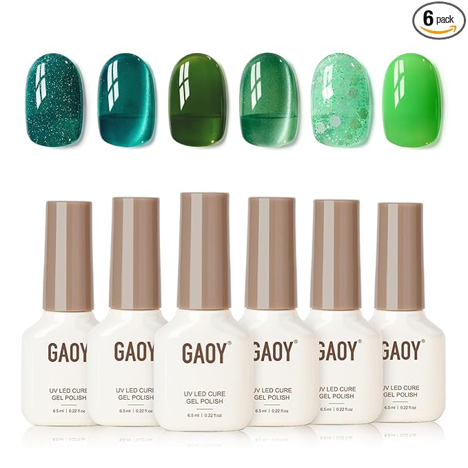GAOY Green Cat Eye Gel Nail Polish with Magnet, 6 Colors Jelly Glitter Emerald Shades for DIY Manicure and Nail Salons Requires UV Curing