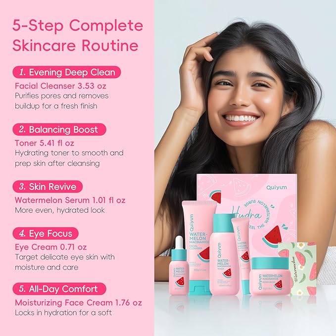 QUIYUM Watermelon Niacinamide Skin Care Set, Routine Beauty Skincare for Teens- Gift Set with Cleanser, Toner, Eye Cream, Cream, Serum, Facial Juicy Glow Up for Women, Girls, for All Skin Types (5PCS)