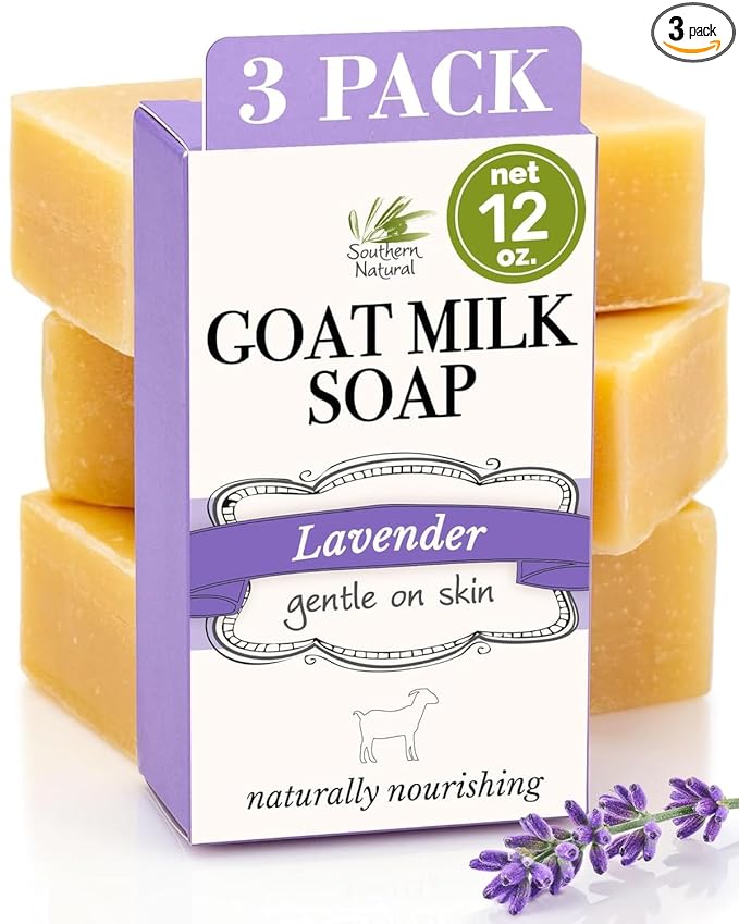Southern Natural Goat Milk Soap Bar (Lavender 3 Pack) For Dry Sensitive Skin. Natural, Handmade Soap For Men, Women, Kids & Baby. Use On Face & Body