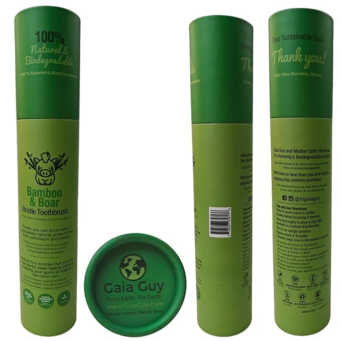 Gaia Guy Natural Bristle Bamboo Toothbrush (NO Nylon - Boar Hair ONLY) - Totally Compostable & Biodegradable Boar Bristle and Bamboo Toothbrushes - Zero Waste - 6-Pack