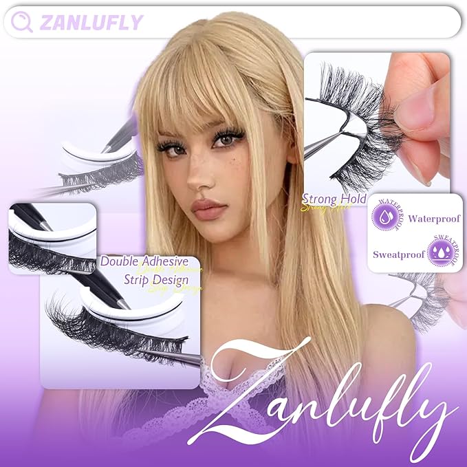 Self Adhesive Eyelashes Reusable Self Adhesive Lashes Natural Pre-glued Lashes No Glue Lashes Strip Lashes Cat Eye Lashes D-Curly False Lashes Wispy Faux Mink Eyelashes by zanlufly
