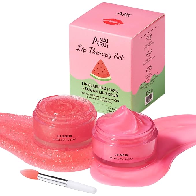 Hydrating Lip Mask Set, Lip Scrub & Lip Butter, Overnight Lip Treatment Set Enriched With Ceramide, Watermelon and Shea Butter, For A Softer & Smoother Lips, Overnight Lip Mask Gifts Kit