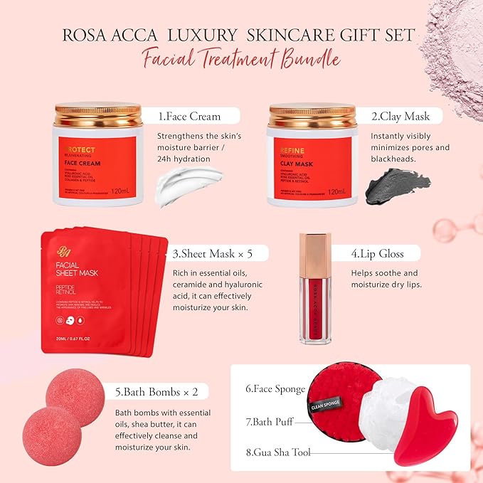 Mother's Day Gifts, Red Rose 32 Pcs Facial Skin Care Set, Bath and Body Gifts Basket for Women, Spa Set & Self-Care Kit, Face Sheet Mask, Serum, Present, Birthday, Christmas, Anniversary, Wife, Mom