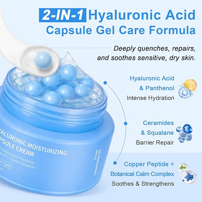 Hyaluronic Capsule Cream | Long-Lasting Lightweight Moisturizing Capsule Cream Gel Soothing Barrier Repair Glowing Skin | Ceramides Copper Peptides Panthenol | All Skin Types, 2.12 oz