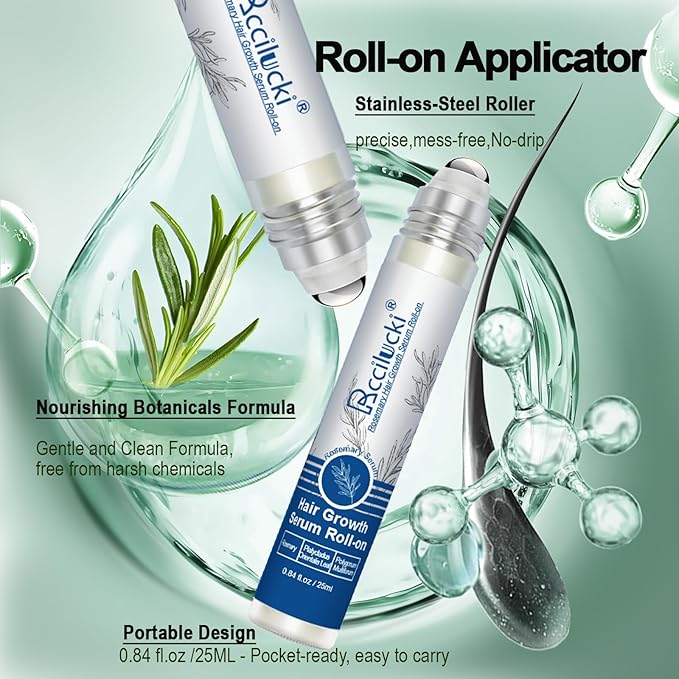 2PCS Rosemary Hair Growth Serum Roll-On, 25ml - With Polygonum Multiflorum, Platycladus Orientalis, Angelica Root, Aloe & Rosemary - Promotes Thicker, Fuller Hair, Non-Greasy Formula for Men