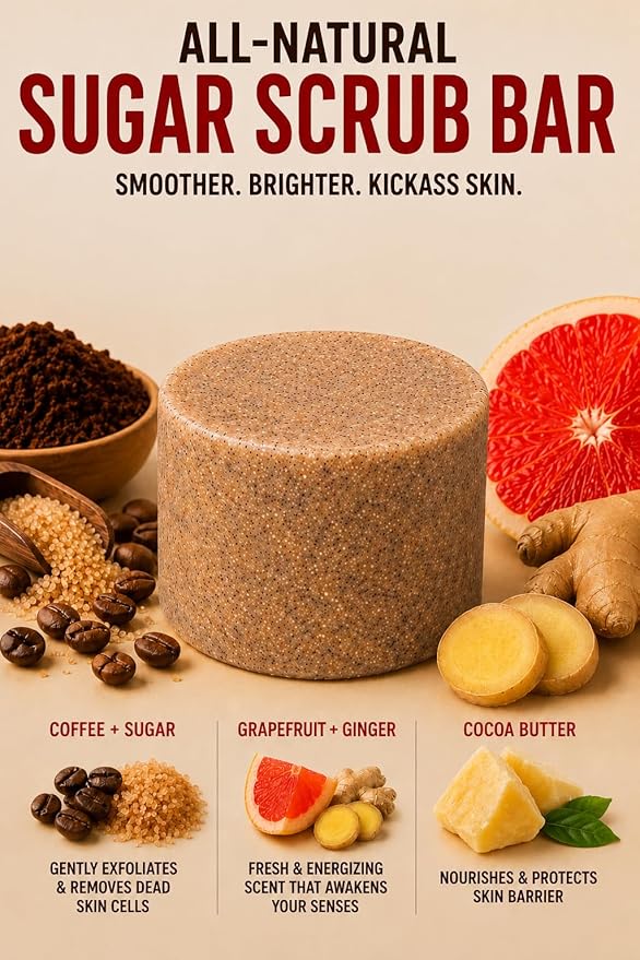 Morava Body Scrub Bar – Solid Sugar Body Scrub with Coffee & Sugar, Exfoliating & Moisturizing Body Scrub, Plastic-Free, Grapefruit & Ginger, 3.17 oz