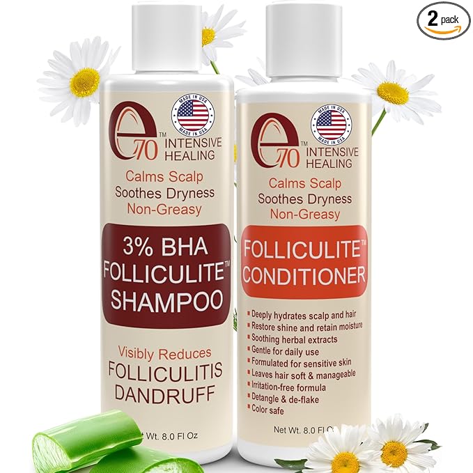 Folliculitis Treatment Shampoo and Conditioner with 3% BHA, Salicylic Acid, Aloe Vera & Tea Tree Oil - Anti Itch Shampoo for women & men with Flaky Scalp Treatment Acne, Made in USA by e70, 8 fl oz