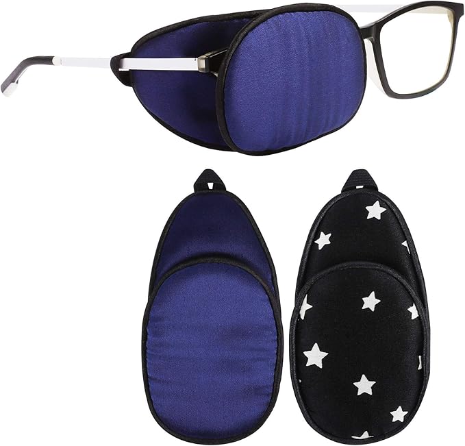 eZAKKA Eye Patches for Adults, Eye Patch for Glasses, Silk Patch for Lazy Eye Amblyopia Strabismus and After Surgery (Black with White Star+Navy)