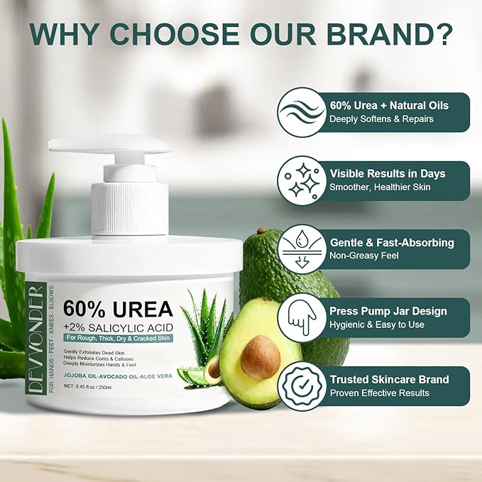 Urea Cream 60 Percent for Feet Maximum Strength with 2% Salicylic Acid 8.45 oz, Foot Cream for Dry Cracked Heels and Feet with Jojoba Oil, Avocado Oil & Aloe Vera, Urea Lotion for Callus Remover