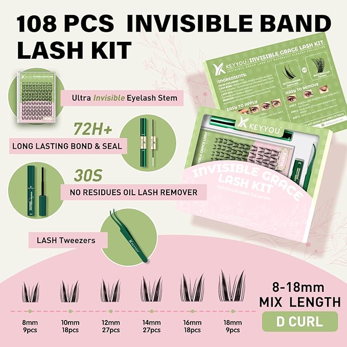 KEYYOU Bunny Lash Clusters Kit Manga Lash Extension Kit D Curl 108Pcs Fairy Eyelash Extension Kit Wispy Natural Invisible Band Lash Kit with Waterproof DIY Lash Extension Kit at Home(Bunny-8-18MIX)
