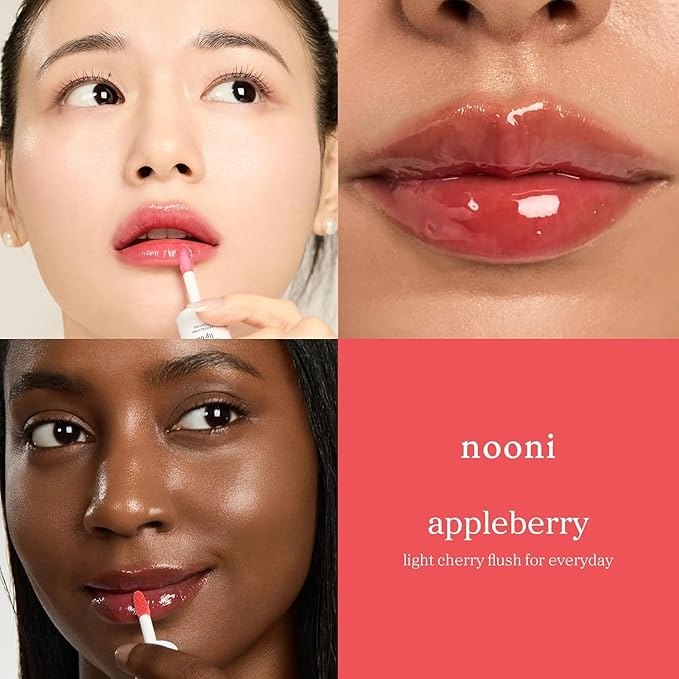 NOONI Korean Lip Oil Set - Appleberry & Applefig | Long-Lasting, Moisturizing, Plumping, Revitalizing for Dry Lips, Waterproof, No Peel Off, Stocking Stuffers, lip plumper 0.12 FL Oz x 2ea