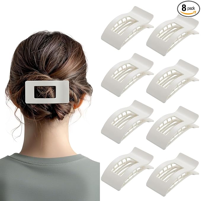 8 Pack Flat Hair Clips for Women – Sleek Non-Slip Claw Clips with Strong Hold, Minimalist Hair Accessories for Bridal, Office, or Everyday Wear (Glossy White)