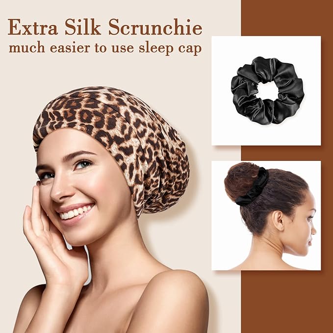 LULUSILK Mulberry Silk Bonnet for Sleeping Women, Real Silk Sleep Cap for Curly Hair and Braids, Pure Head Wrap with Scrunchies, Brown Leopard