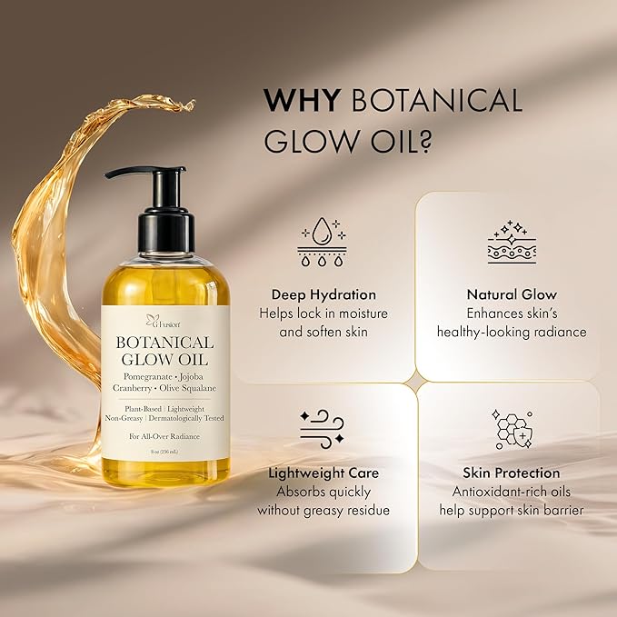 Botanical Body Glow Oil – Plant-Based Shimmer Body Oil for Radiant, Smooth, Hydrated Skin – Oil for Face, Hair, Skin & Nails – Pomegranate, Jojoba, Cranberry & Olive Squalane – All Natural