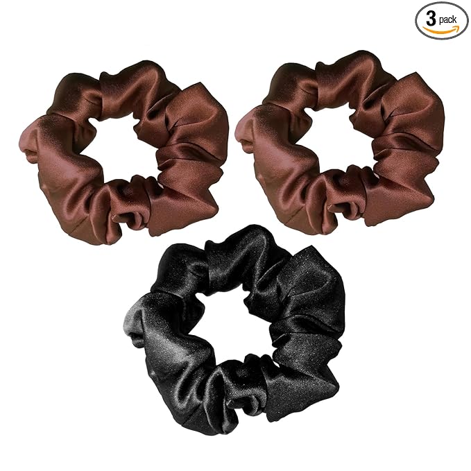 SALE! 16 Momme Pure Mulberry Silk Hair Scrunchies and Ties for Women Girls - Sleep and Daily Use - Curly, Thick or Thin Hair - Black and Brown (3 Pack)