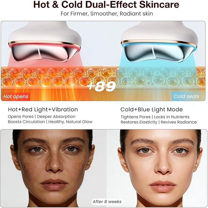 Cold Heat Gua Sha Facial Neck Lymphatic Massager, 7-in-1 LED Red Light Face Depuffer Sculpting Tool, Hot Electric Gua Sha Lift Device & Cooling Depuffing Wand, for Contouring, Firming