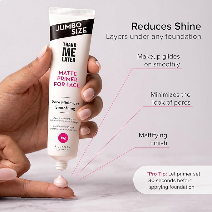 Elizabeth Mott Thank Me Later Face Primer - Mattifying Makeup Base Primer for Smooth Skin - Pore Minimizer, Smooth Fine Lines - Long-Lasting, Lightweight, Leaping Bunny Certified, Jumbo 60g (2X Size)