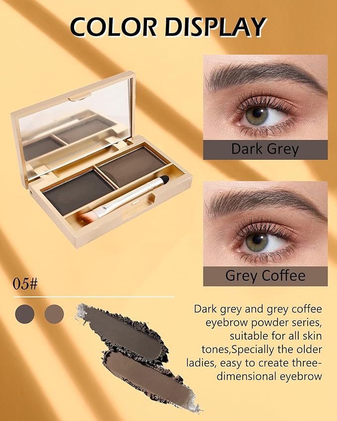 Eyebrow Powder Kit- 2 Colors Soft Tinted Eye Brow Powder Palette,Waterproof Longlasting Dark Grey/Gray Coffee Brow Filler,Professional Brow Makeup for Older Women with Mirror Brow Brush & Razor-Set 05