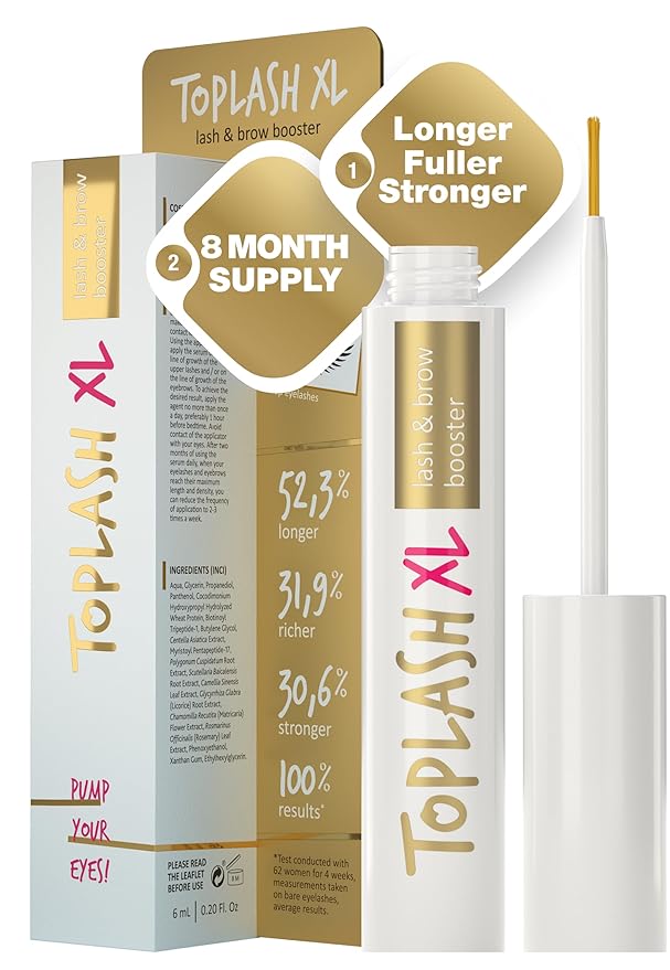 TOPLASH XL Lash and Brow Booster, Growth Serum with Eyelash and Eyebrow Enhancer, Promotes Stronger, Thicker, Healthier Lashes with Botanicals and Peptides - 0,2 Fl Oz(6 ml)
