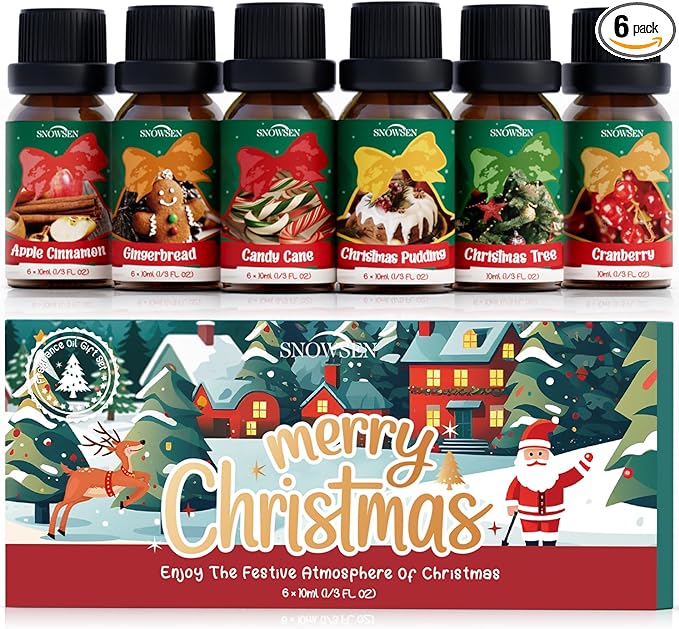 Christmas Essential Oils Gift Set, SNOWSEN Winter Fragrance Oils for Diffuser & Aromatherapy, Apple Cinnamon, Christmas Pudding, Candy Cane, Gingerbread, Cranberry Scented Oil for Candle Making